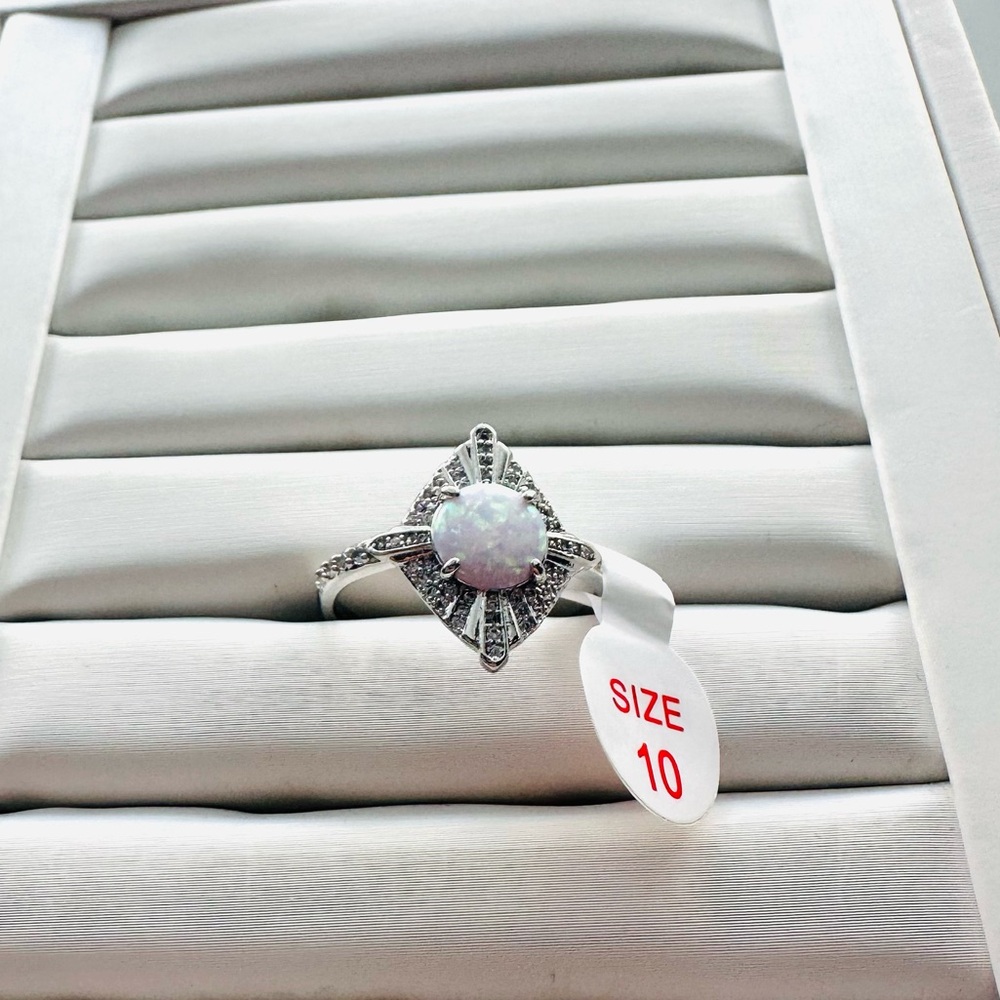 Bomb Party White Opal Halo Sterling-Style Ring in Silver-Size 10